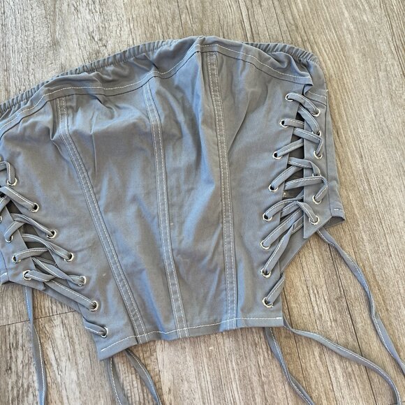 Womens NWT FashionNova Grey Strapless Cropped Top with Ties - XL - Picture 2 of 6